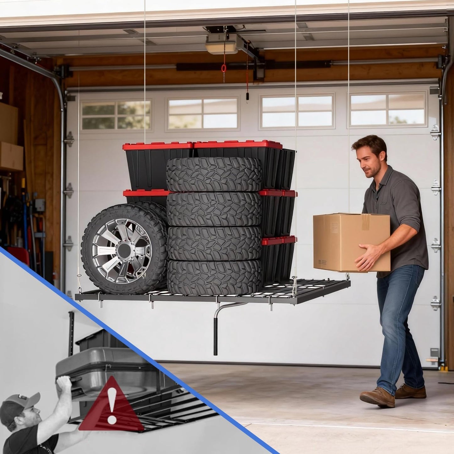 Overhead Ceiling Storage Rack 4x4 ft,Heavy-Duty Carbon Steel Garage Lifting Rack with Manual Hand Crank, Adjustable Height, 350 Lbs Capacity, Maximizes Overhead Space for Garages, Basements