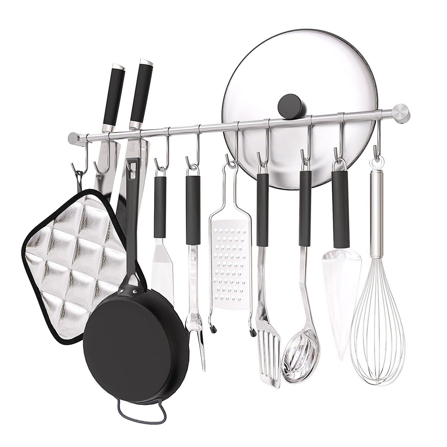 OKEPOO Kitchen Hanging Rack, 20 Inch Wall-Mounted Pot Holder with 10 Quiet Sliding Hooks, Rail Organizer Utensil Holder Bar for Cooking Spatulas Cups, Made of 304 Stainless Steel. (Silver)