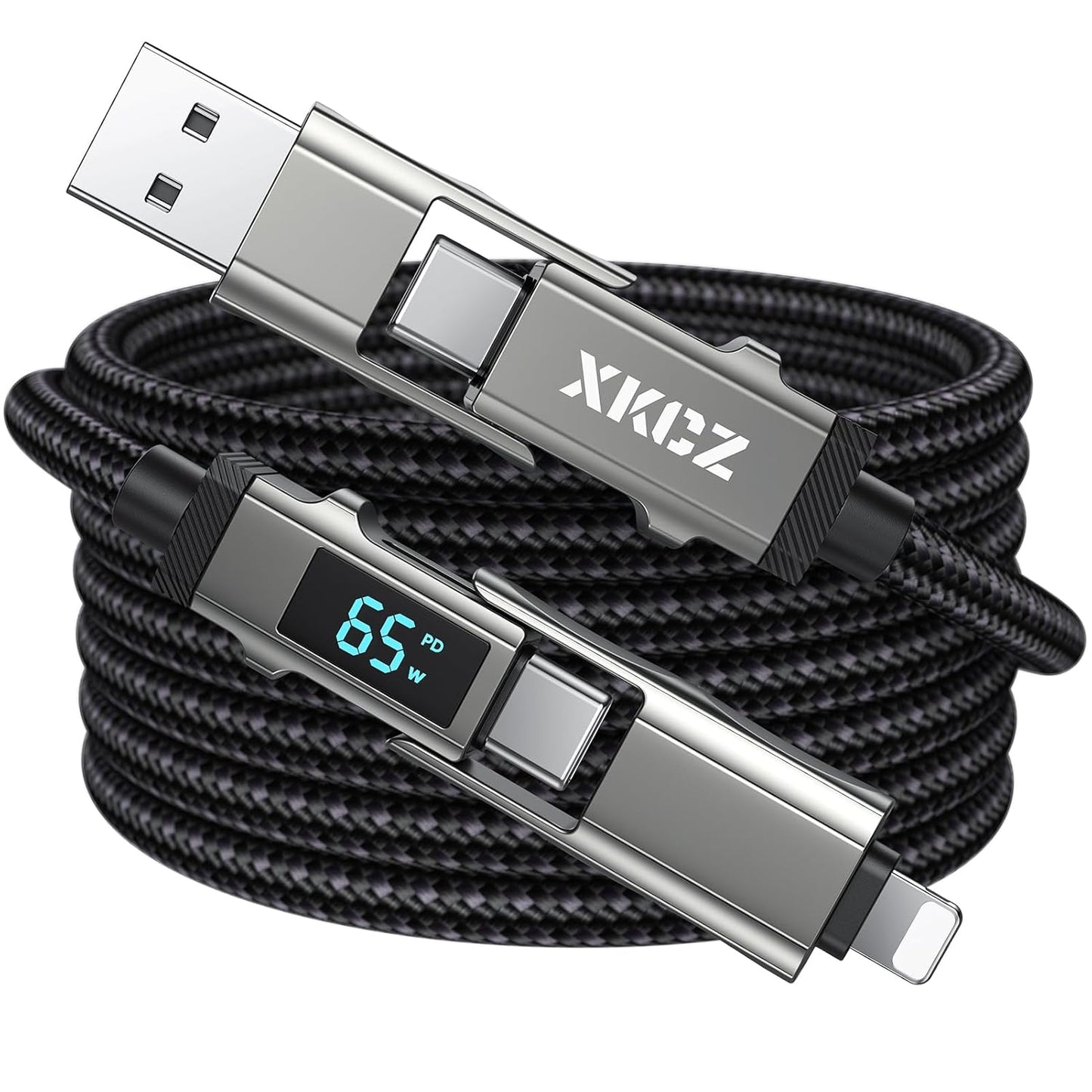 4 1 65W 3FT in USB C Cable with Wattage Display, Round Nylon Braided Multi Charging Cable with Data Sync, USB C