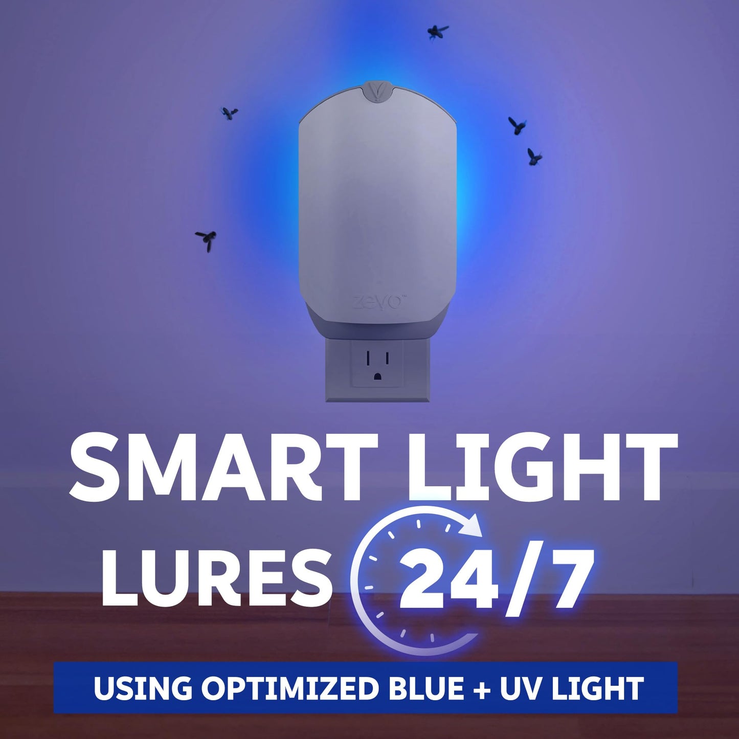 Zevo 4 Flying Insect Traps & 4 Cartridges - Plug In Fly Trap & Indoor Bug Catcher for Gnats, House & Fruit Flies - Mess-Free - Use in Any Room - Uses Blue & UV Light (4 Plug In Devices & 4 Cartridges)