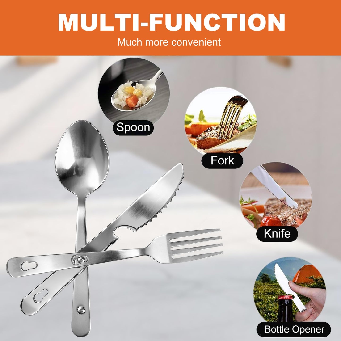 Travel Utensils with Pouch, 4-in-1 Silverware Set 3-Pack with Portable Stainless Steel Spoon, Fork, Knife & Bottle Opener Combo, Cutlery Set for Camping, Hiking, Picnic, Gadgets, Lunch Box for Men