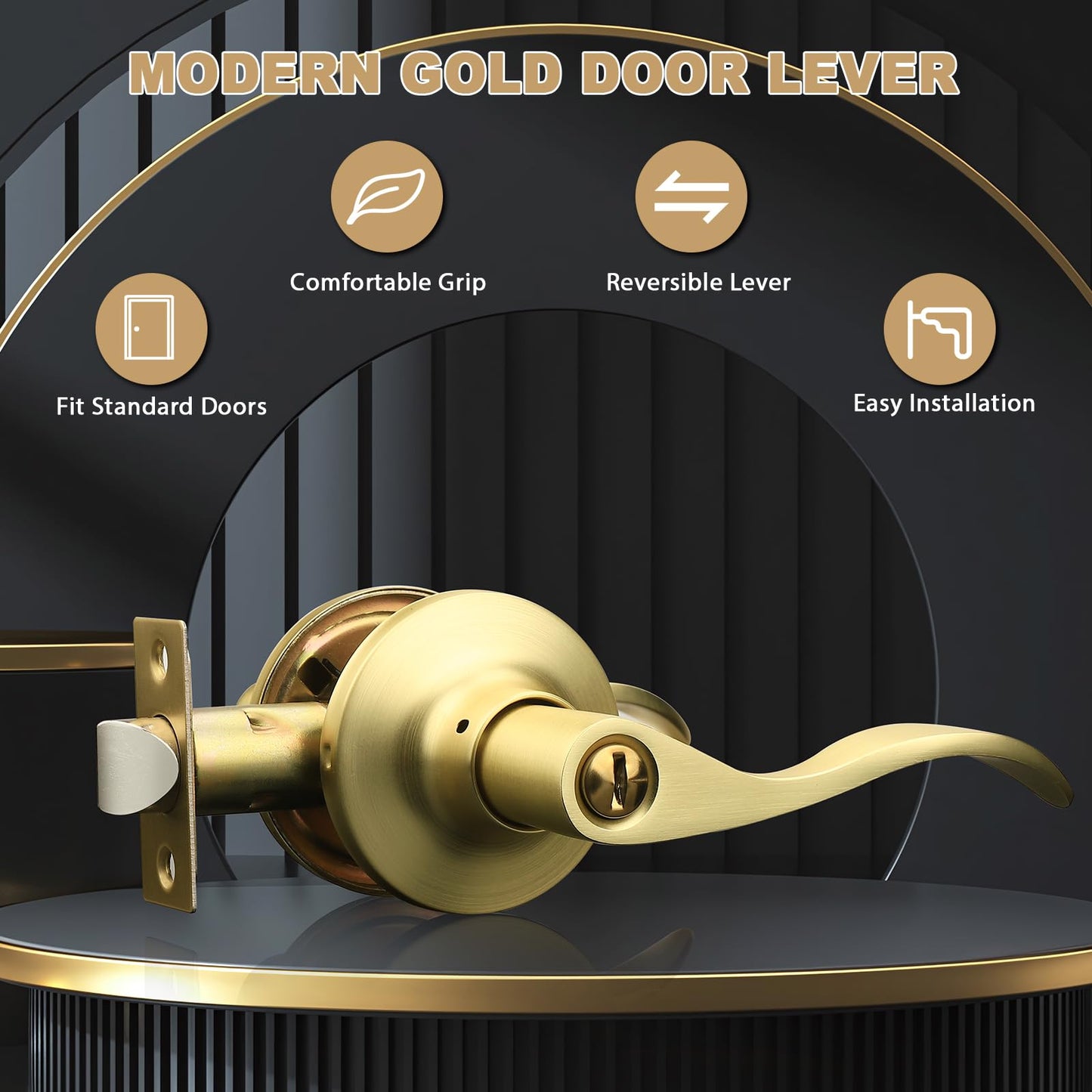GOBEKOR Gold Door Handle Wave Privacy Door Lever Brushed Gold Door Handles Interior with Lock for Bedroom Bathroom Reversilble for Left/Right-Handed Doors, Satin Brass(10 Pack)