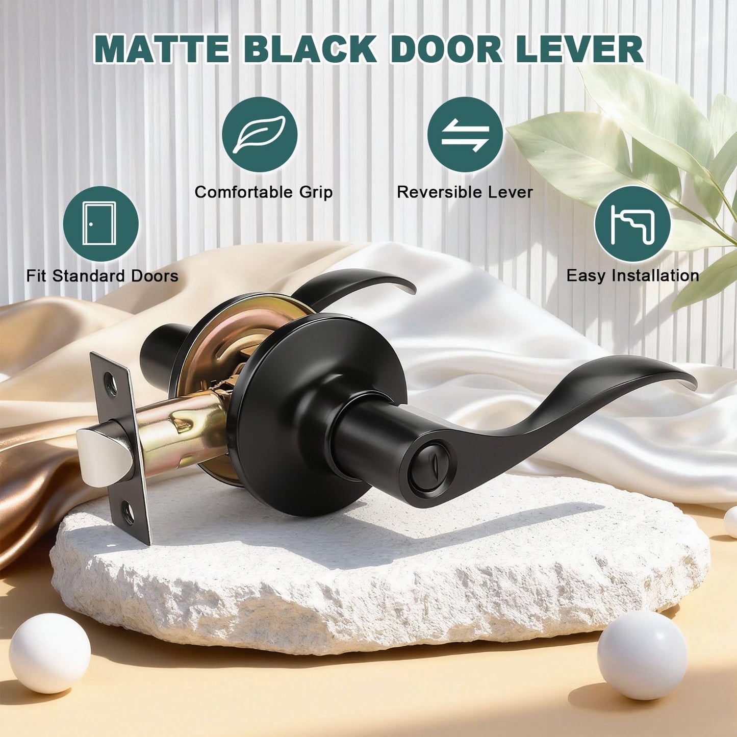 GOBEKOR 3 Pack Matte Black Privacy Door Handles for Bedroom and Bath Lever Door Handle Interior with Lock Wave Door Levers Keyless