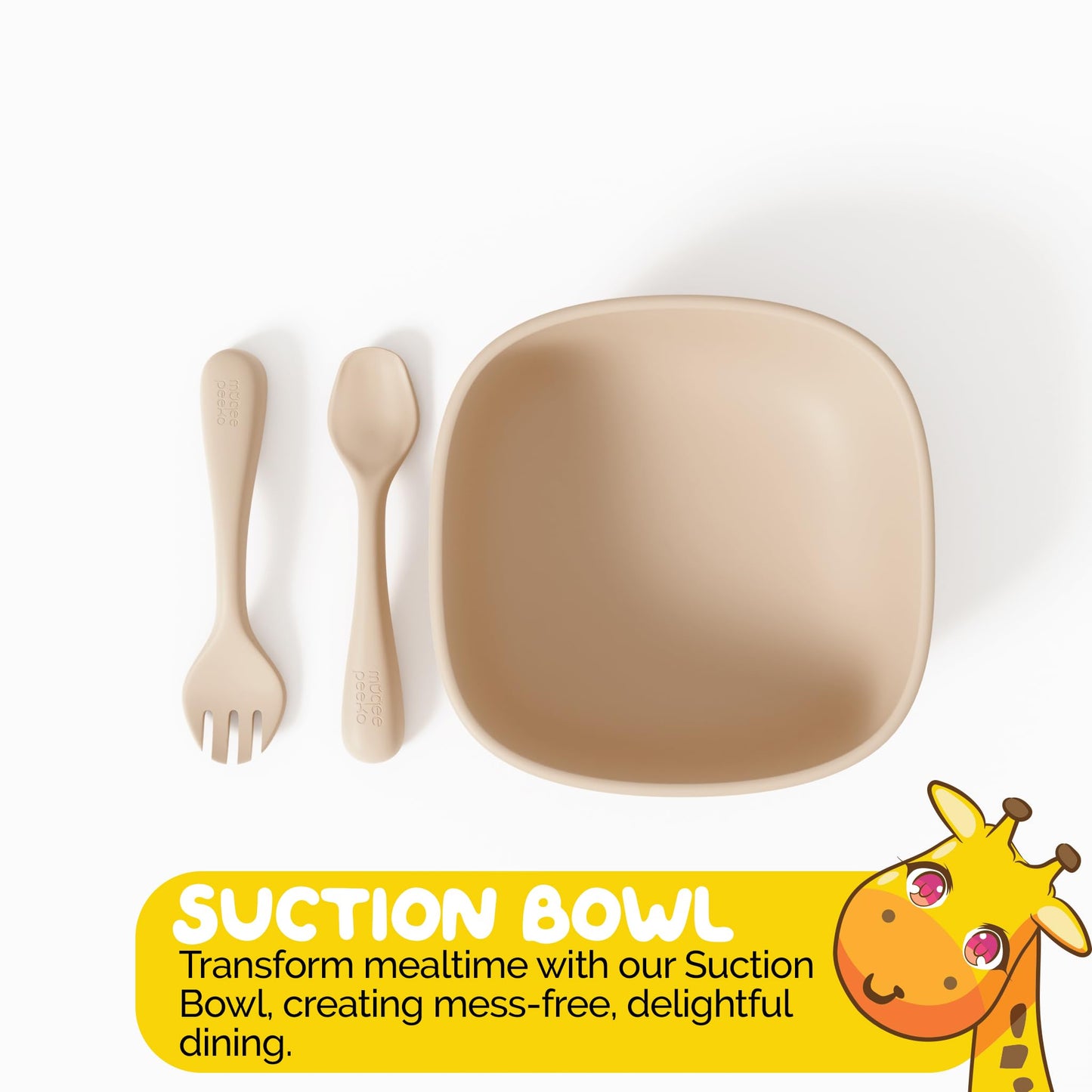 Muqee Peeko Silicone Baby Feeding Set with suction bowls for baby baby utensils 6-12 months in Beige color - (3 Piece Set) made with Baby Safe Silicone bowls for baby