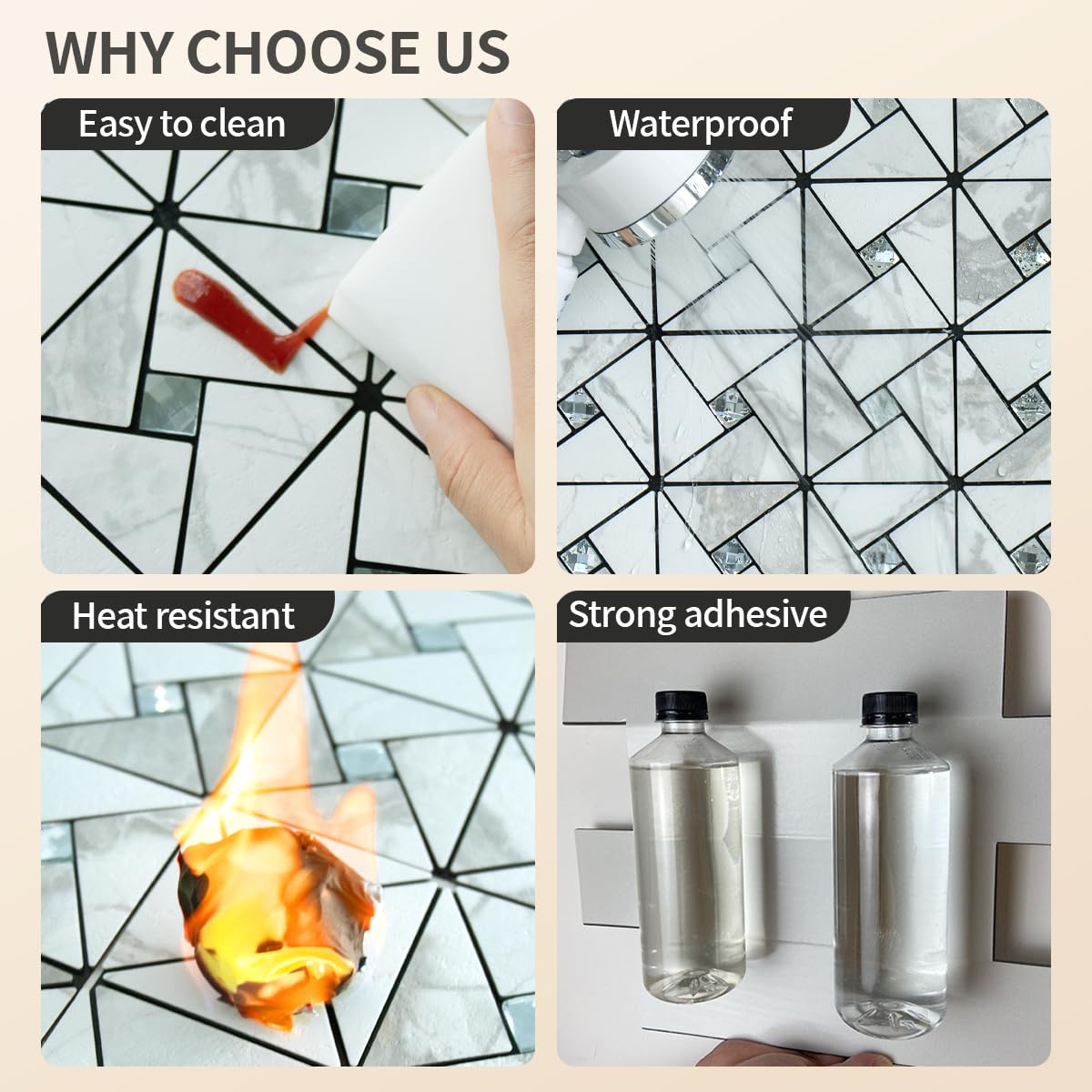 DICOFUN White Marble Look Peel and Stick Backsplash Tile, Mixed Glass Self-Adhesive Mosaic Tiles, Stainless Steel Stick on Wall Tiles for Kitchen and Bathroom Backspalsh, Mirror Décor, 10