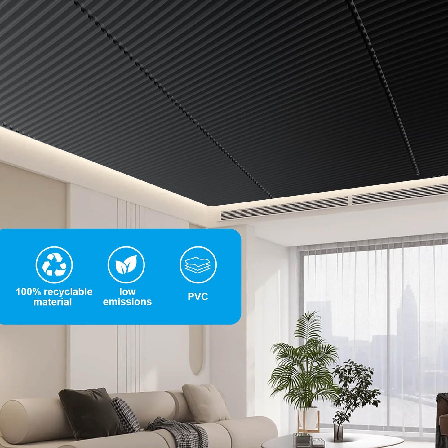 Ceiling Panel 2x4 Feet, PVC Decorative Ceiling Covering Panel, 3D Striped Wall Panel Indoor Wall Decoration, 12 Piece Pack Waterproof Ceiling Panel for Office/Basement/Kitchen/Recording Studio,Black