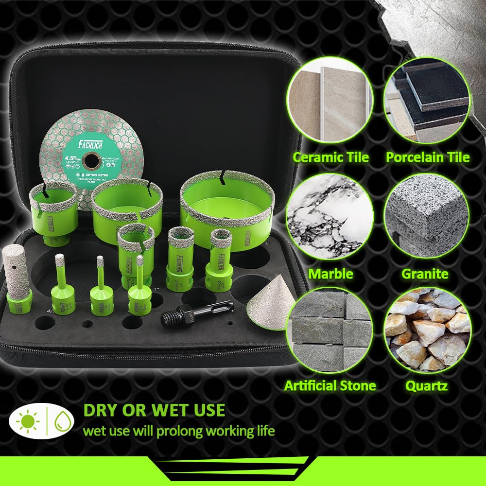 Tile Hole Saw Kit Diamond - FACHLICH 4" Diamond Core Drill Bits Set and 4.5" Diamond Cutting Grinding Blade for Porcelain Ceramic Tile Marble Granite etc