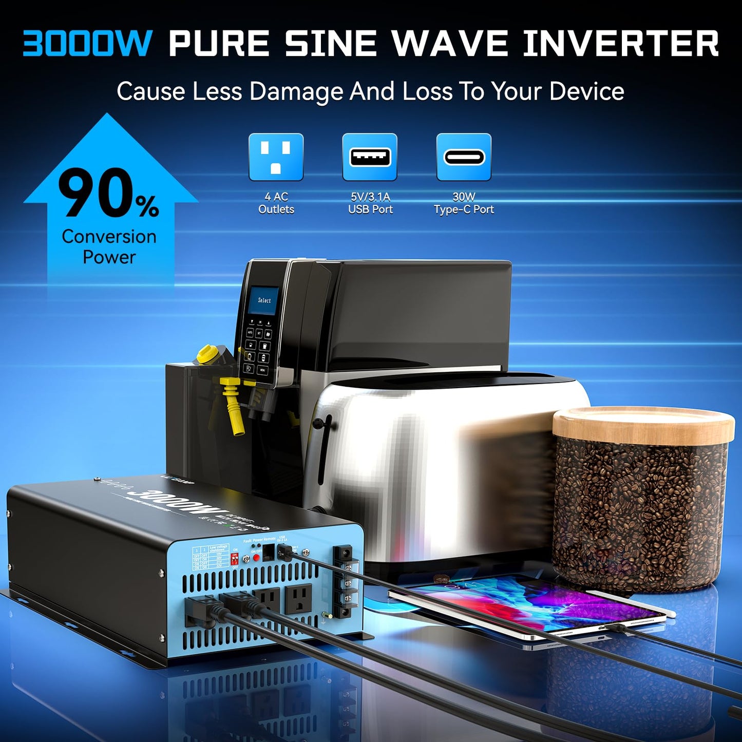 24V 3000 Watts Pure Sine Wave Inverter 24V DC to 110V AC, 6000W Peak Power, 4 AC Outlets, USB & Type-C Port, Adjustable Input for Lithium Battery, Solar/RV/Truck Backup with LCD Remote
