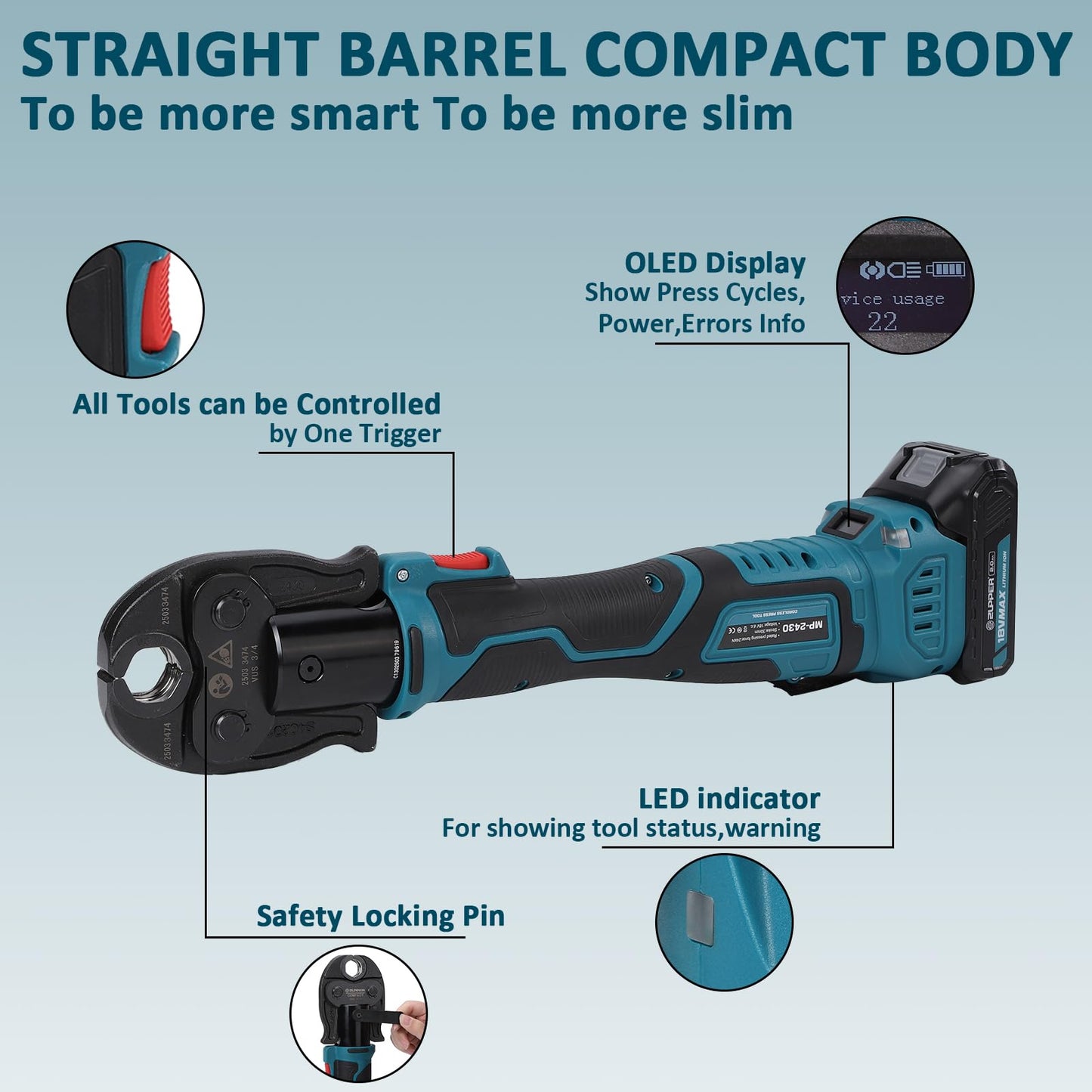ZUPPER Press Tool, 18V Electric Copper Pipe Crimping Tool with 3 Press Jaws 1/2” 3/4” 1”,Brushless Motor,2pcs 2Ah Battery Fast Charger & Carrying Case