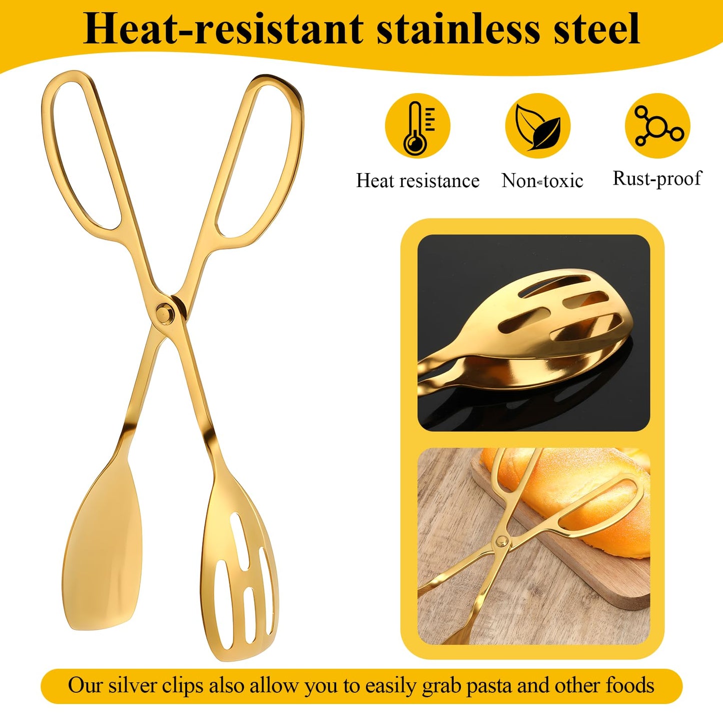 2 Pack Gold Serving Tongs Buffet for Kitchen Serving and Cooking, Thickening Stainless Steel Salad Tongs Food Tong Servings Utensils for Wedding Party Catering (Gold)