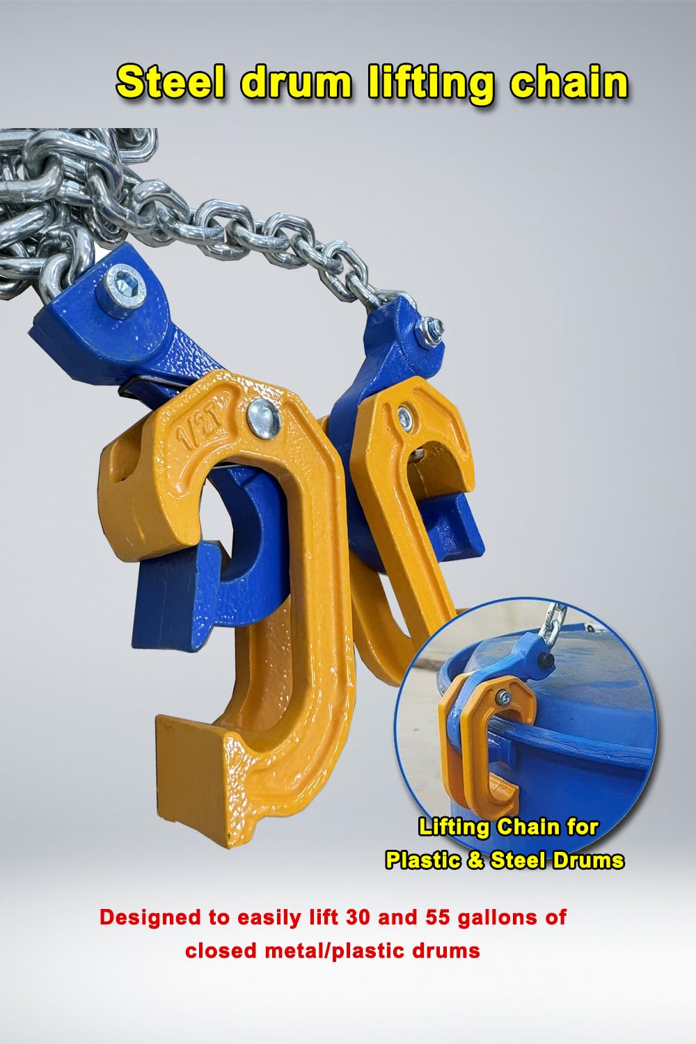 1Ton Barrel Lifting Chain for Plastic & Steel Drums 2204LBS 20in Length, 2 Hooks Chain Drum Lifter Barrel clamp for 30 & 55 Gallon Metal/Plastic Drum Barrel, Fits for Crane, Forklift【1T- 2Hooks】