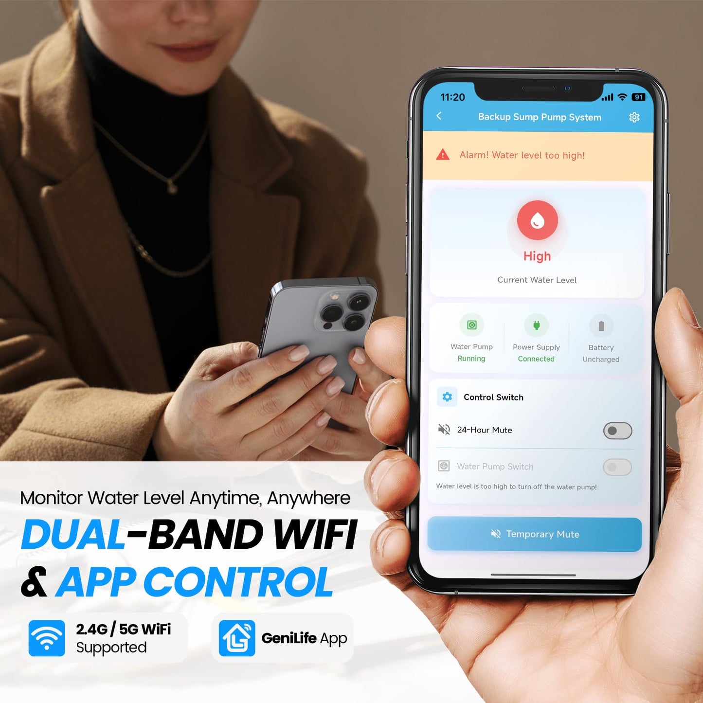 Briidea Battery Backup Sump Pump System for Basement, 12V Battery Compatible (Battery Not Included), Dual 2.4G/5G WiFi Monitoring, Electronic Water Level Sensor, Smart Alarm System
