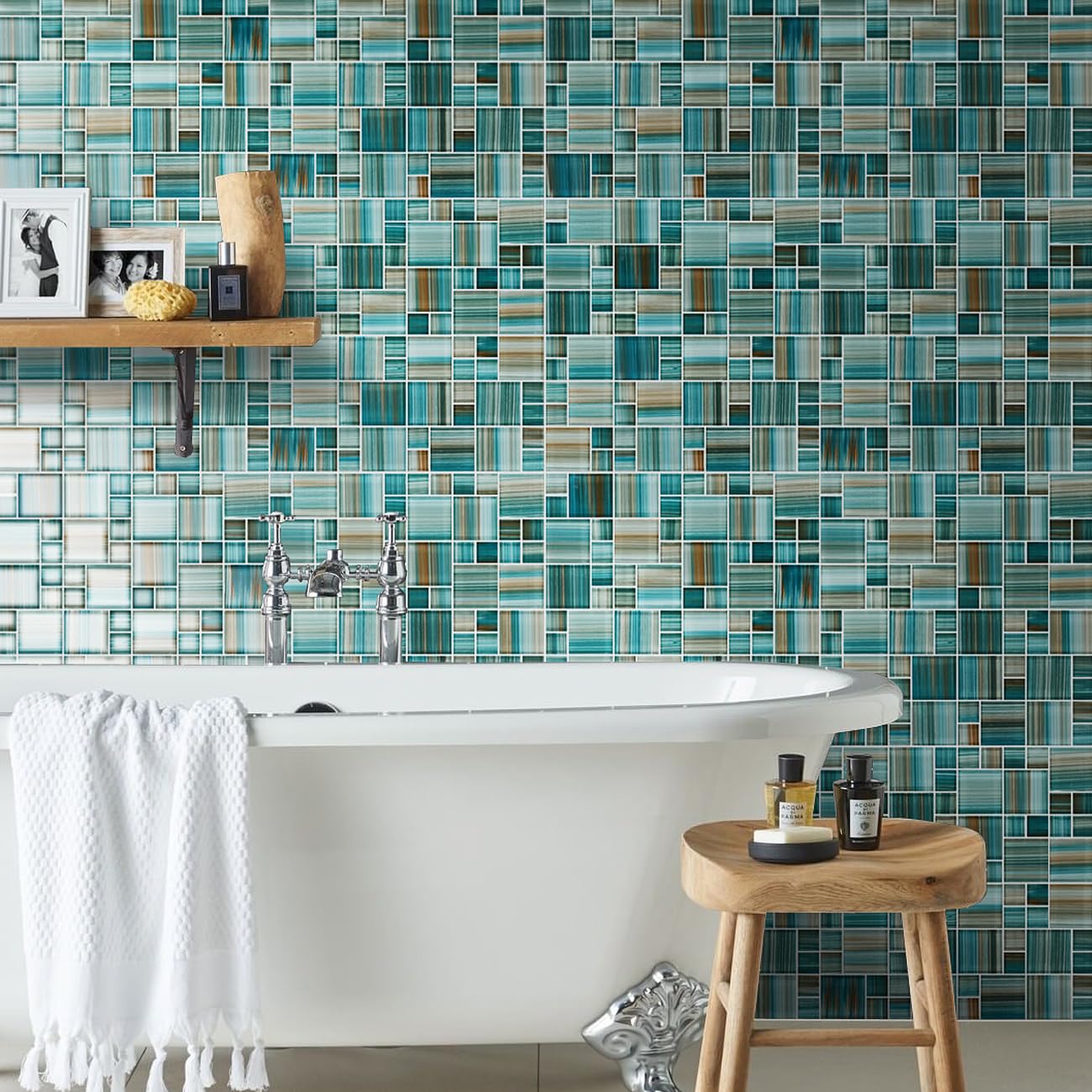 VividCraftX 4 Sq.Ft Premium 6mm Glass Mosaic Pool Tile, Dual-Size Square Pattern for Shower & Kitchen Backsplash, Waterproof for Spa & Waterline (Aegean Coastal Mix)