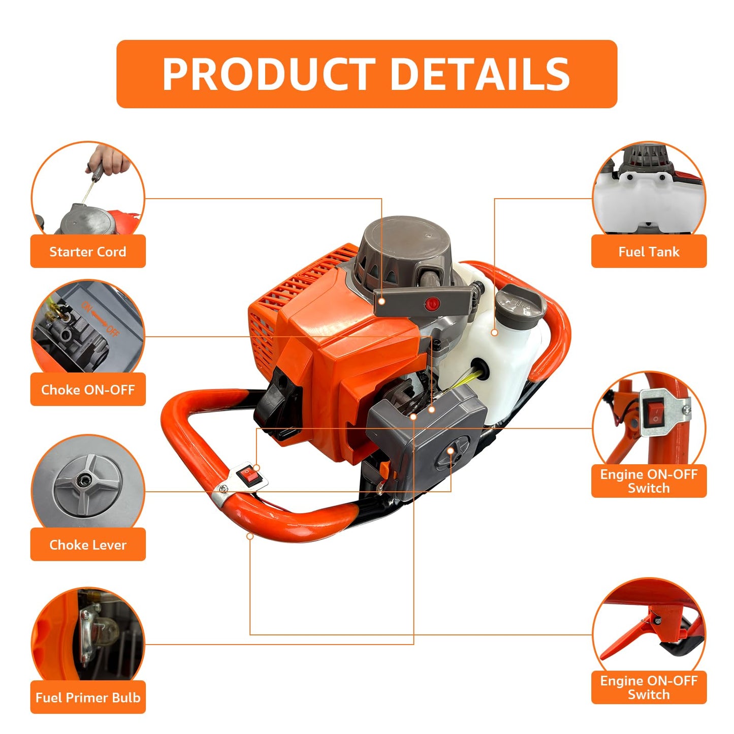 XJADQW 85CC 2-Stroke Gas Powered Post Hole Digger with 4" & 6" & 8" Auger Bits + 12" & 20" Extension Rod, Heavy Duty Earth Auger for Farm, Garden, Landscaping, Construction