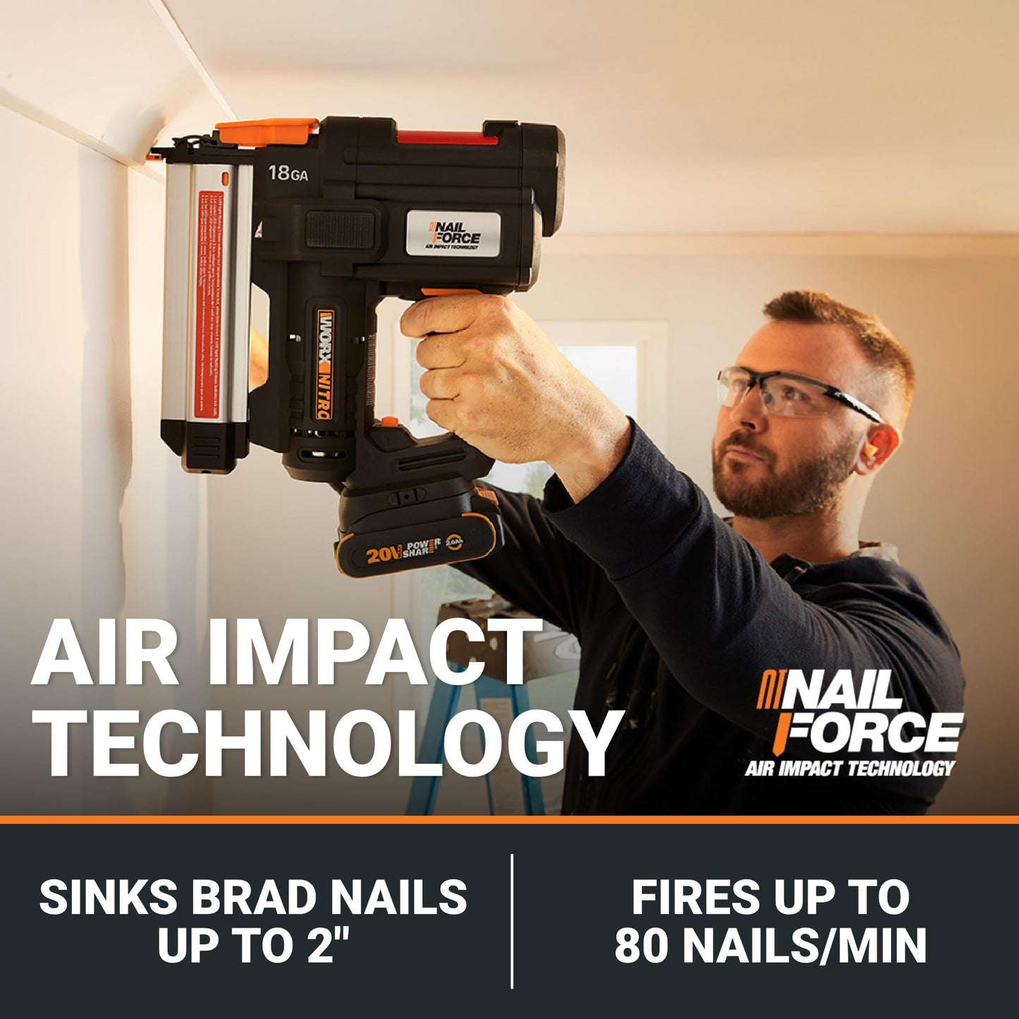 Worx Nitro 20V 18GA Brad Nailer Cordless Fires 80 Nails Per Minute, Cordless Nail Gun Anti-Ejection, Nail Gun Battery Powered Tool-Free Jam Release WX842L.9 Power Share – Tool only