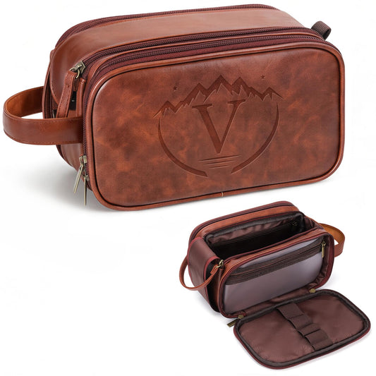 Ecttunafe Engraved Father Day Gifts Toiletry Bag for Men Dad Husband, Custom Initial PU Leather Waterproof Toiletry Organizer Dop Kit Shaving Bag Travel Essentials, Large, Durable, Brown,V