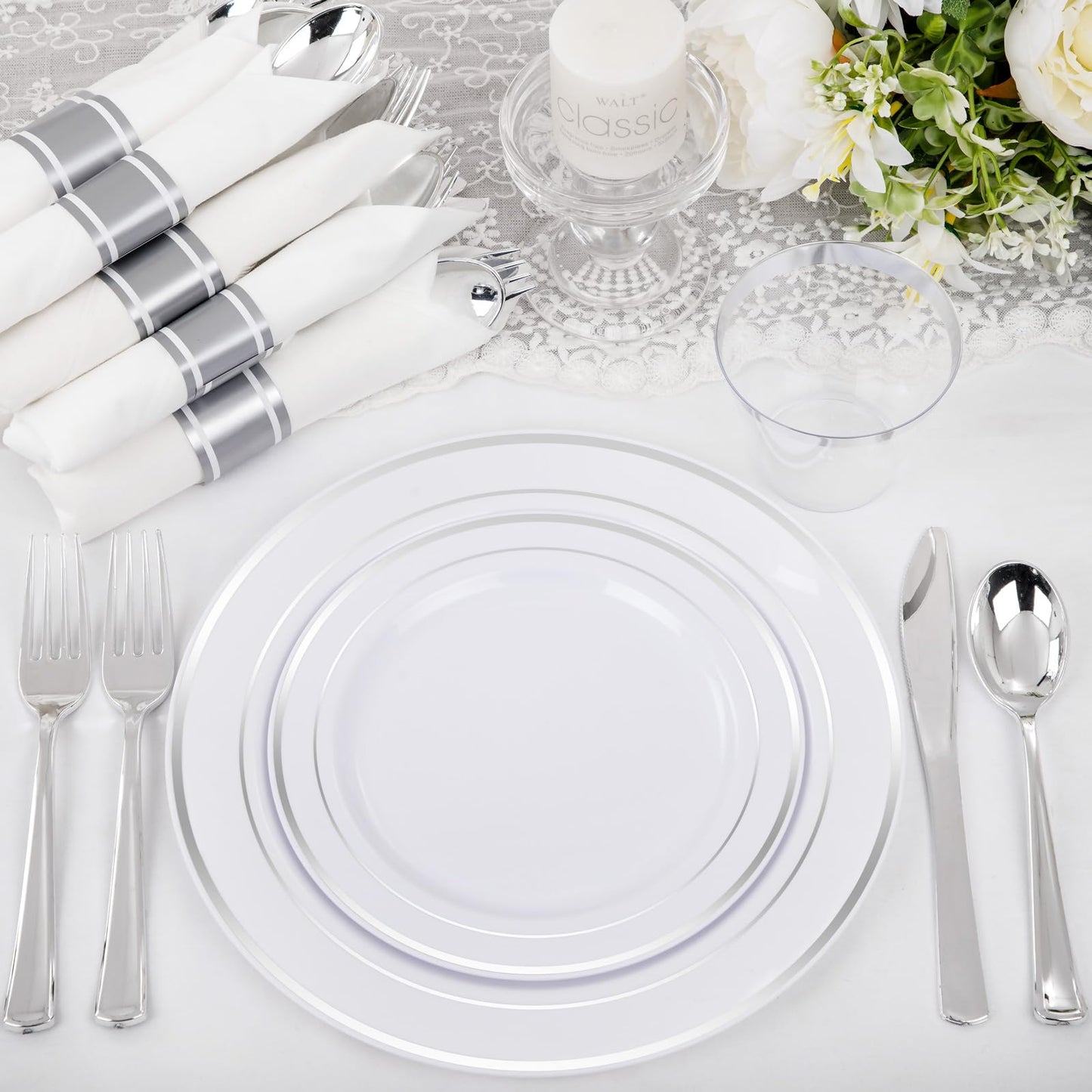WELLIFE 210 Piece Silver Plastic Dinnerware Set for 30 Guests, Plastic Plates for Party, Include: 30 Dinner Plates, 30 Dessert Plates, 30 Pre Rolled Napkins with Silver Silverware and 30 Silver Cups