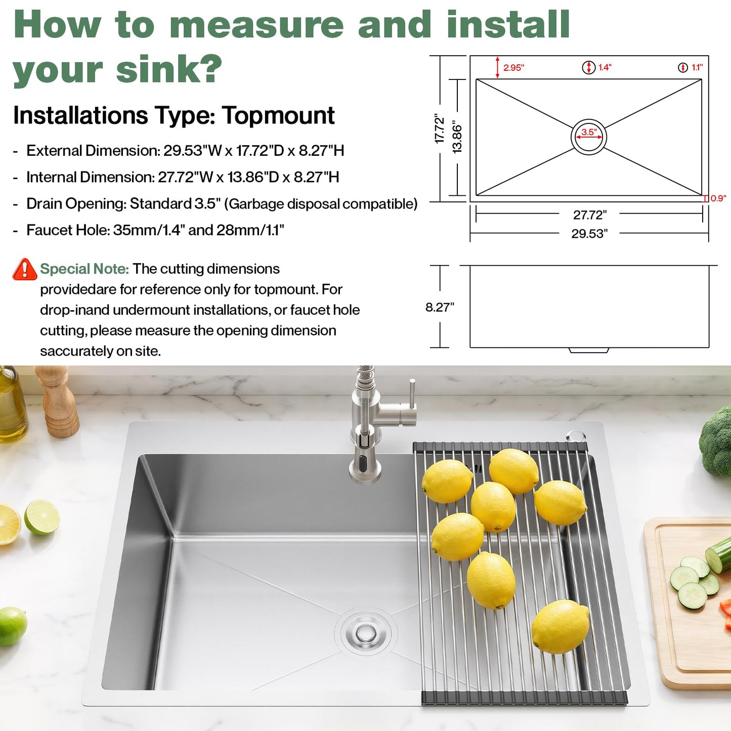 Vivrhintty 33x22 Inch Topmount or Drop In Kitchen Sink Worktation 16 Gauge Stainless Steel Single Bowl Kitchen Sink with Drainpipe, Silver