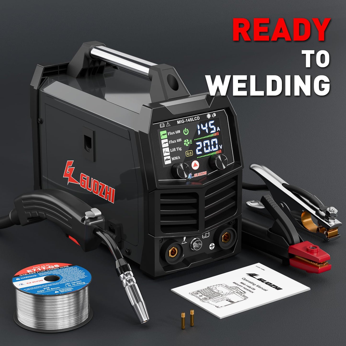 GZ GUOZHI 145A MIG Welder, 3 in 1 Welders FLUX MIG/Lift TIG/ARC Multi-Process IGBT Inverter Welder, 110V Welding Machine, ‌Flux Core Welder with upgrade Large LCD Screen