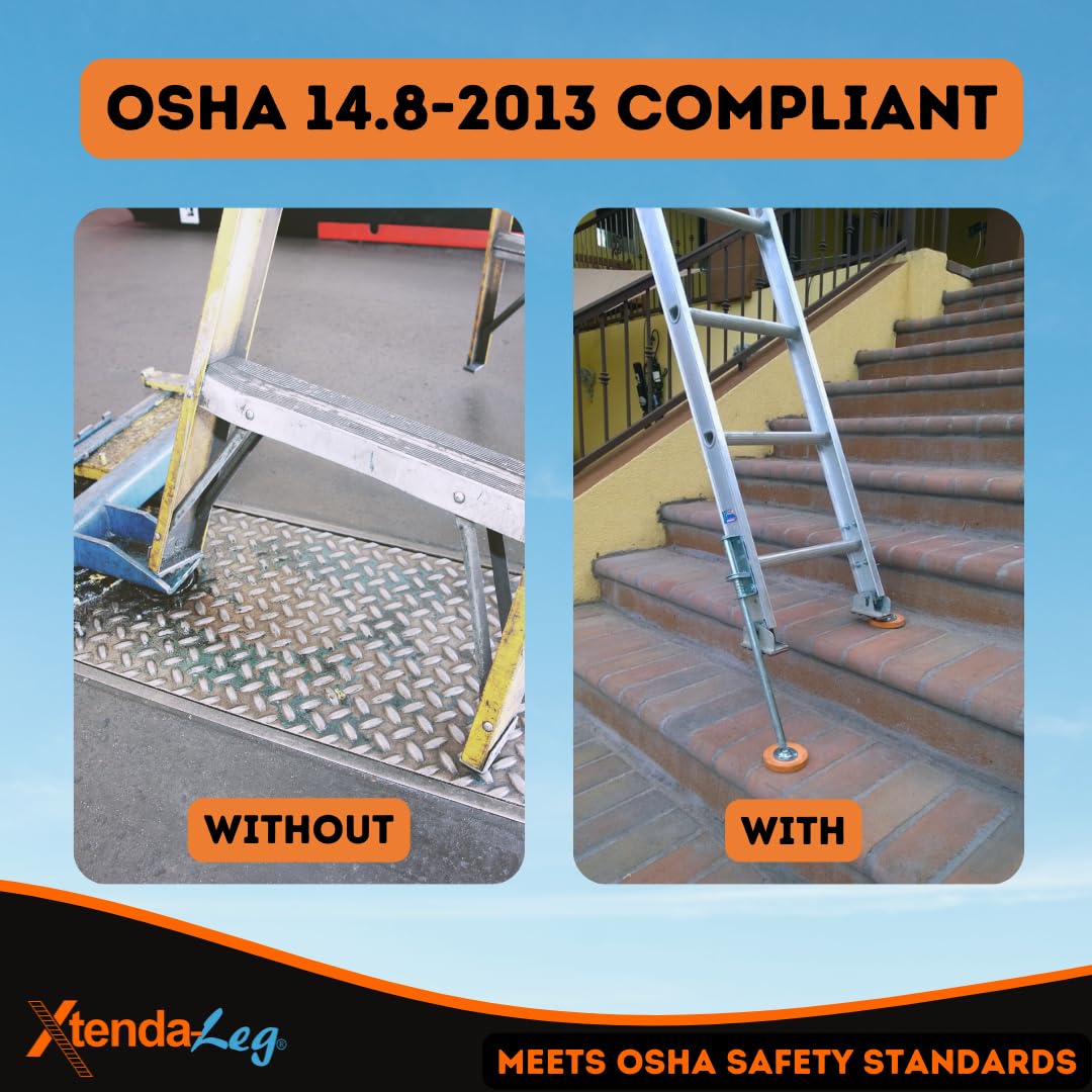 Xtenda-Leg® Ladder Leveler - Rubber Feet, Perfect for Extension Ladders, Stabilizer Attachments for Safe Use - Stable Platform for Uneven Ground - Easy Installation - OSHA Approved - 1 Pair