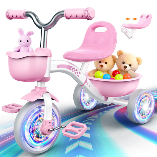 Kkdi Toddler Tricycle for 1-3 3-5 Year Olds, 2 3 4 5 Year Old Girl Birthday Gifts, Pink Toddler Baby Bike, 4-Level Adjustable Seat, 3 Color Light Wheels, 2 Baskets, Outdoor Riding Toys for Ages 2-4