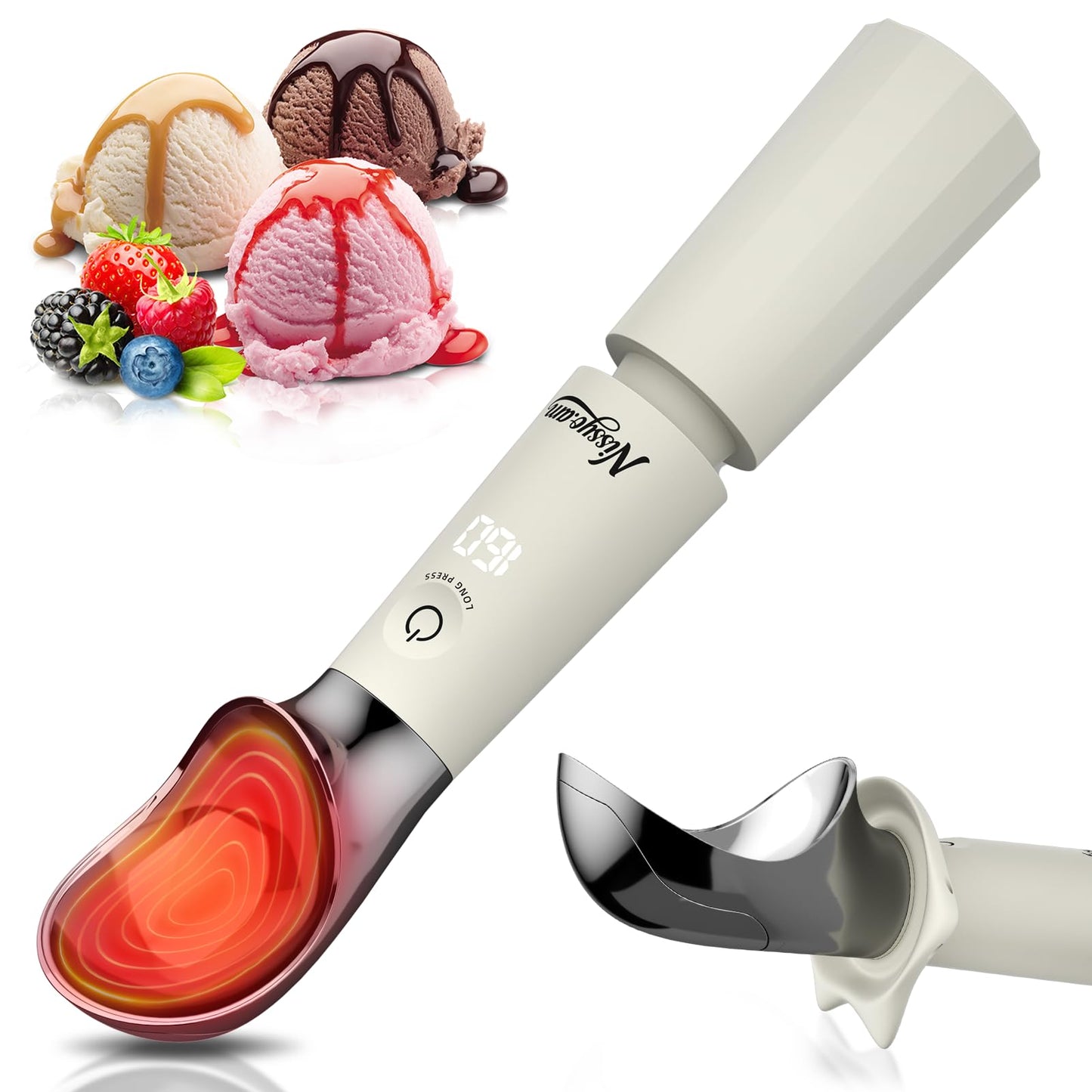 NISSYO.AM Heated Ice Cream Scoop Rechargeable, Electric Ice Cream Scooper with Removable Battery &Drip-Proof Stand, OneTouch 3 Fast Heating Levels for Hard Ice Cream, IP68 Waterproof,Best Gift for Mom
