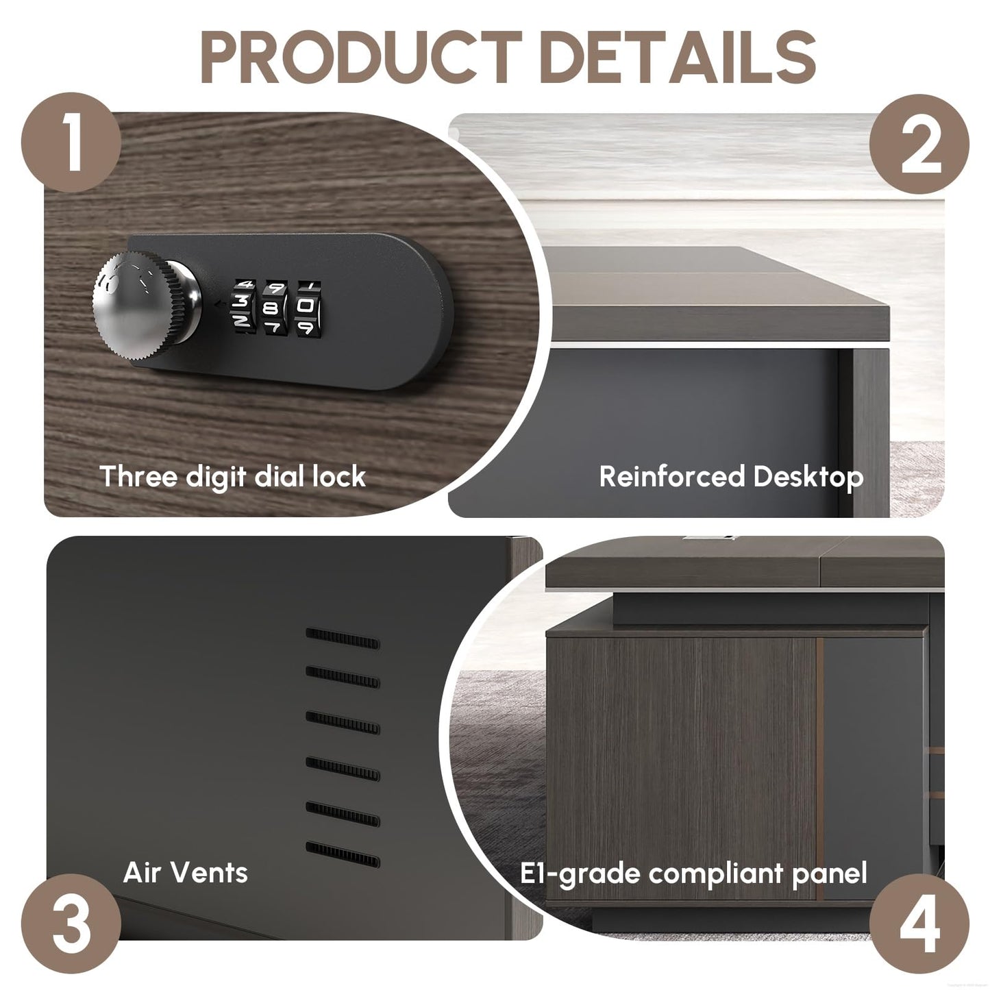 ZIMASYA Reversible L-Shaped Executive Desk with Drawers, Storage Cabinet, Built-in Power Hub & Privacy Panel, Obsidian Grey & Mocha Walnut (79" L * 65" W * 30" H)