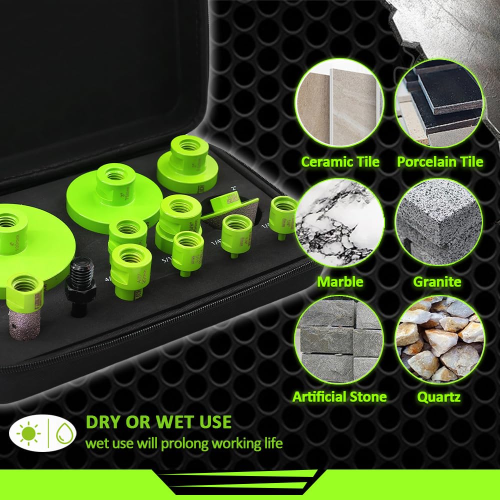 Tile Hole Saw Kit - 12pcs Diamond Core Drill Bits Set 1/4" 5/16" 4/5" 1" 1-3/8" 2" 3" 4" with 4/5" Finger Bit 2" Beveling Chamfer Bit for Porcelain Ceramic Granite Marble