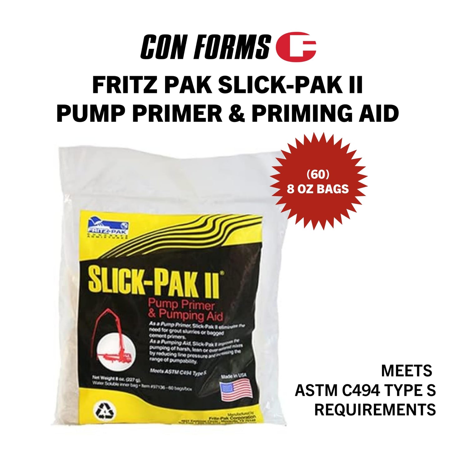 Fritz Pak Slick Pak II Concrete Pump Primer and Pumping Aid, 60-8oz Bags, Made in USA, Con Forms