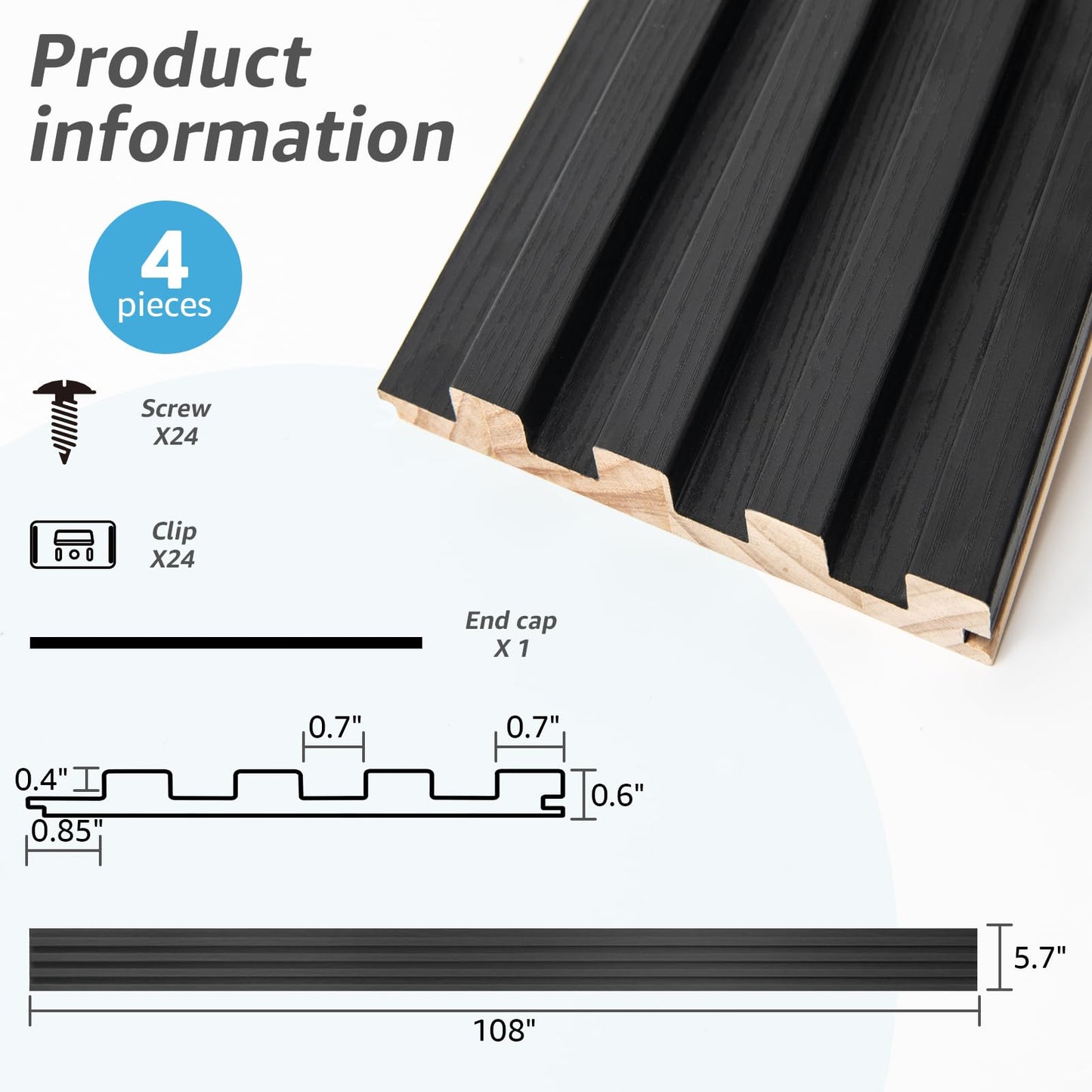 Art3d Slat Wood Wall Paneling for Interior and Ceiling Decoration - Pack of 4pcs + 1pc End-Trim, Size 108 x 5.7in.- Black
