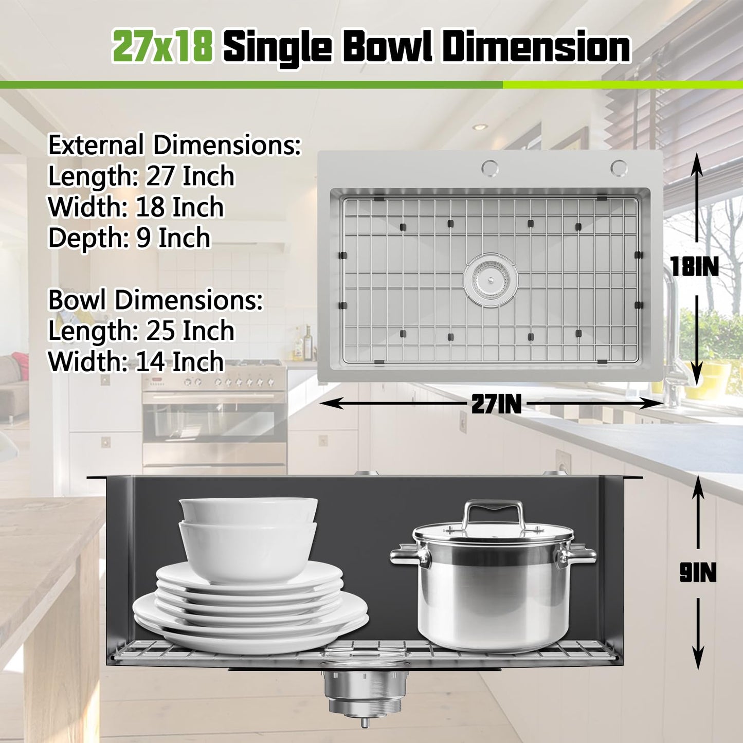 Kitchen And Bar Sink, 27x18 Inch Stainless Steel Drop In Modern Single Bowl Topmount Kitchen And Bar Sink Combo-SS Grid,Spoon Rest,Drain Strainer Set Compatibility With Various Kitchen&Bar Style