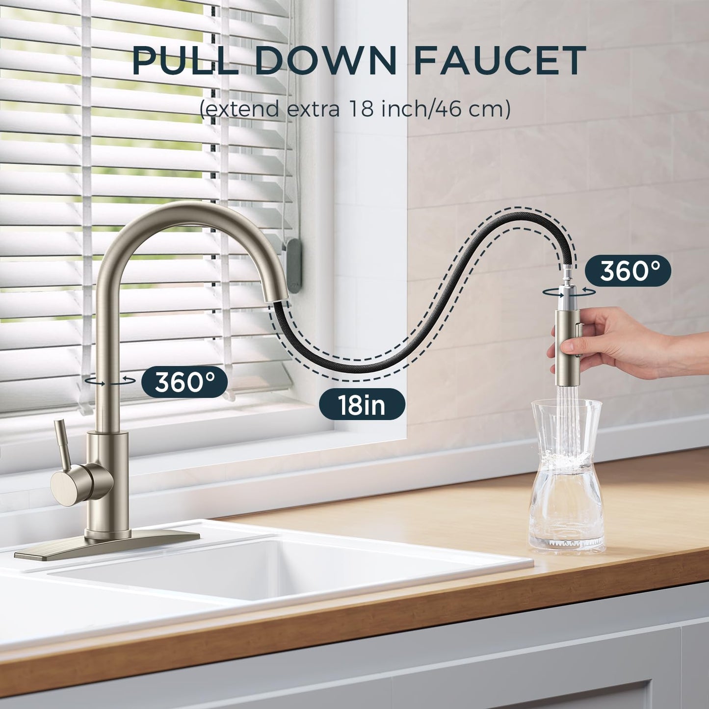 FORIOUS Kitchen Faucet with Pull Down Sprayer, Brushed Nickel High Arc Modern Classic Sink Faucet Stainless Steel with Deck Plate Fit for 1 or 3 Hole for Pot Filler Bar Farmhouse Laundry Rv
