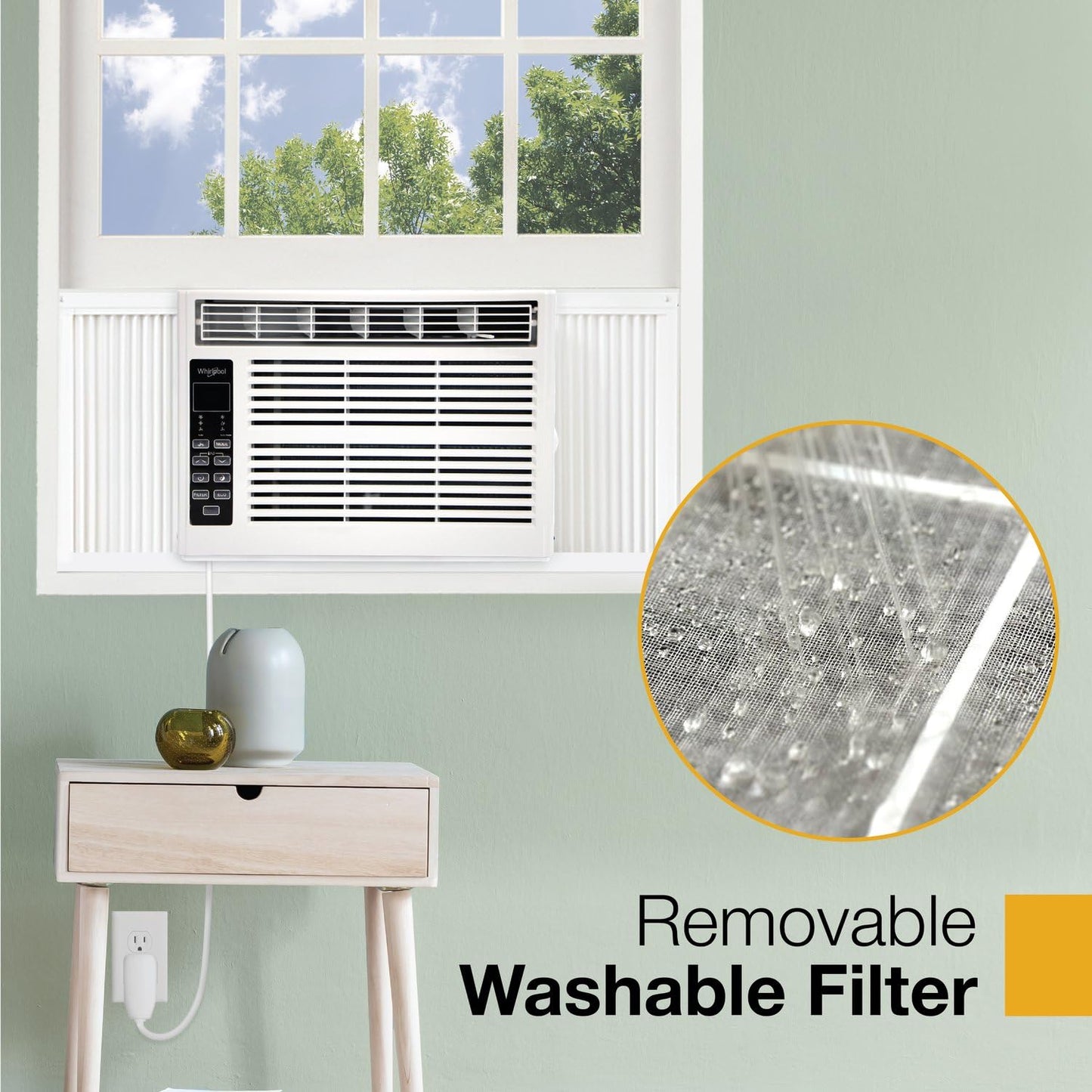 Whirlpool 8,000 BTU Window Air Conditioner with Dehumidifier, 115V, Window AC for Rooms up to 350 Sq. Ft., Living Room, Bedroom, or Apartment, with 3 Speeds, Remote Control, and 24H Timer, White