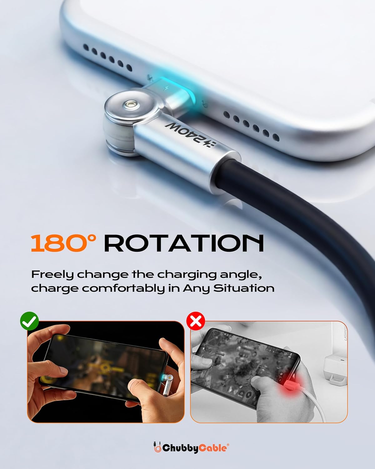 240W 180 6.6ft chubbycable Chubby RotateX Dual Rotating Fast Charging Cable with LED Light Soft Silicone USB C Cable
