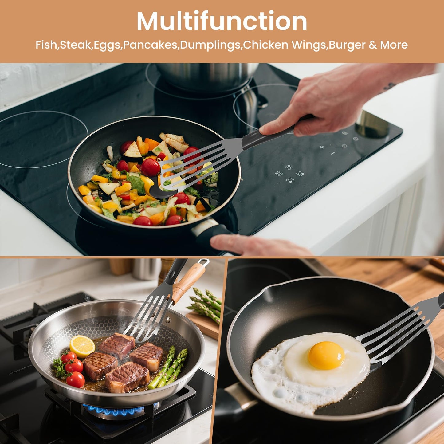 2Pack Silicone Fish Spatulas for Nonstick Cookware,Fish Turner Spatula Stainless Steel with Heat Resistant Silicone Edge,Metal Slotted Spatula for Flipping Fish Egg Patties Fries Pancake Steak (Black)