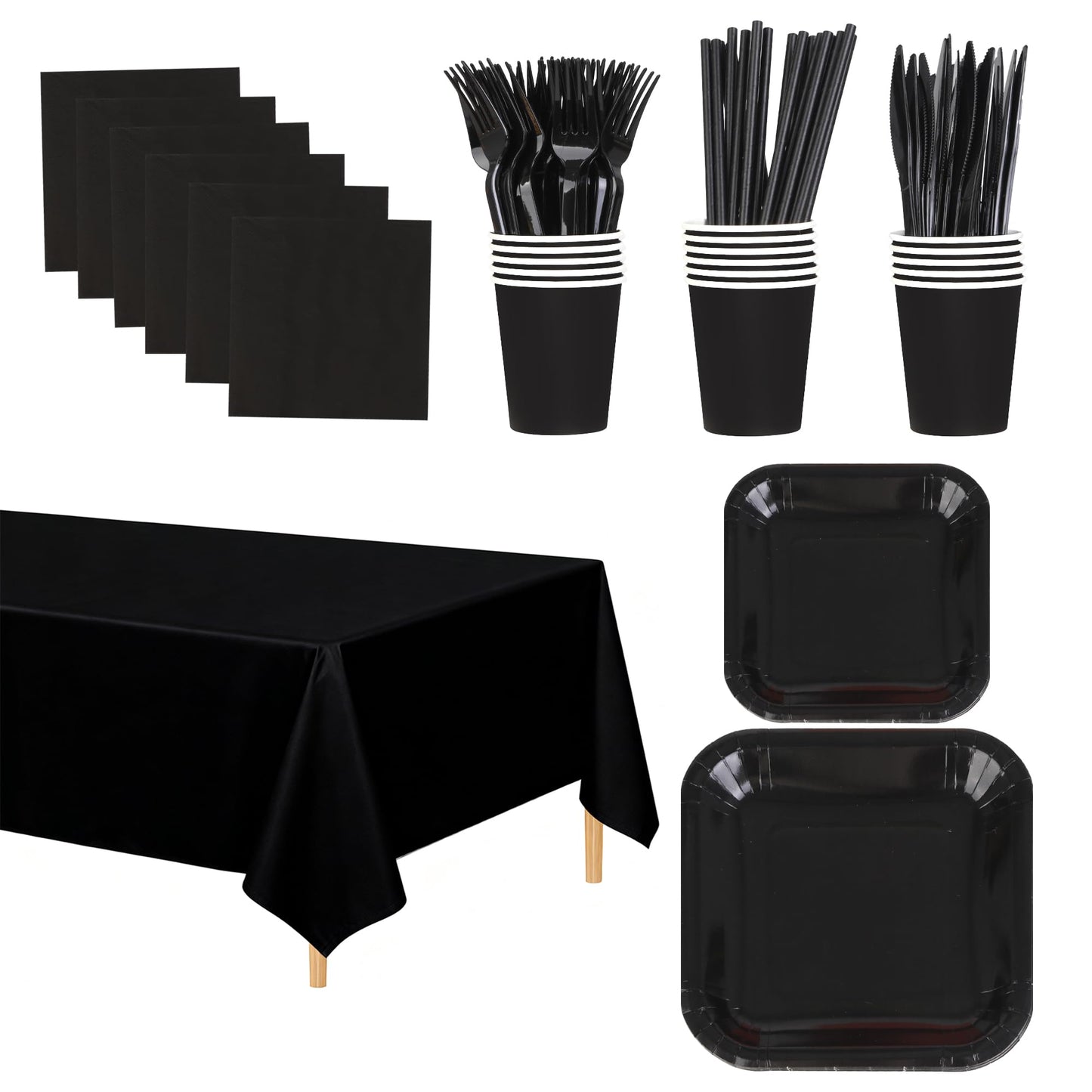 Oeeuyasn 129 PCS Black Disposable Dinnerware Set for 16 People, Party Supplies with 7"/9"Paper Plates, Cups, Napkins, Plastic Forks, Knives,Tablecloth for Wedding Birthday, Graduation, Festivals