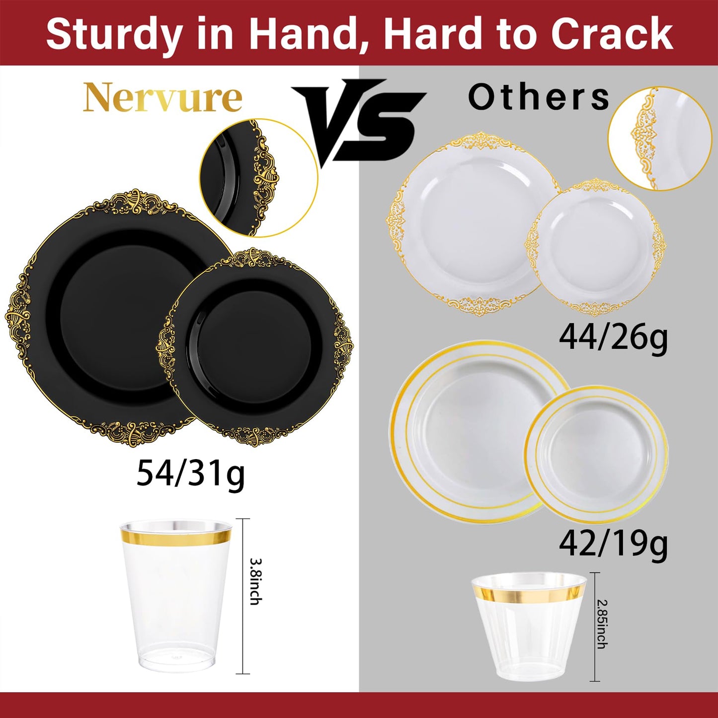 Nervure 350PCS Black Plastic Plates - Black Plastic Dinnerware Sets for 50 Guests - 100 Disposable Plates, 150 Gold Silverware, 50 Cups, 50 Napkins for Wedding & Party & Graduation & Retirement