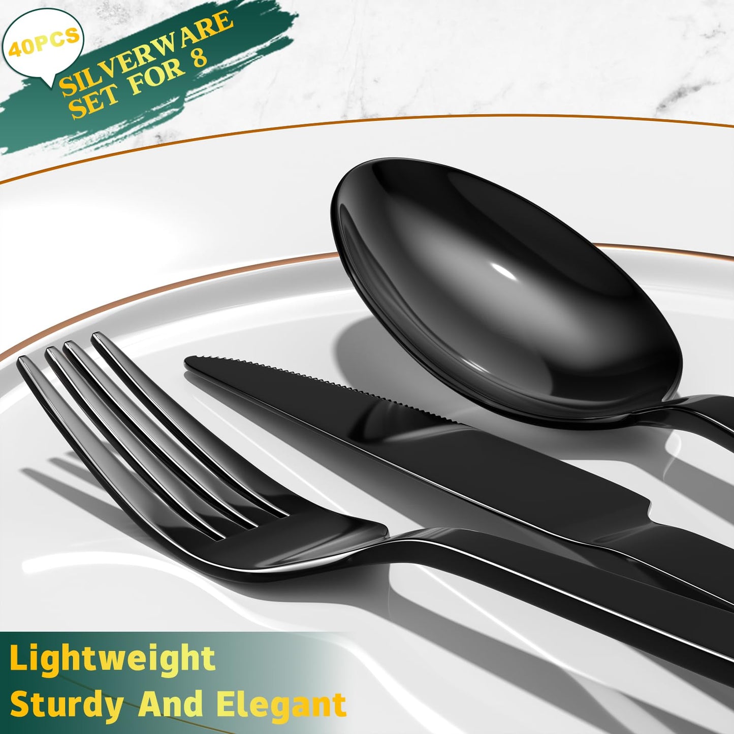 40 Pieces Black Silverware Set,Premium Stainless Steel Flatware Set For 8, Yoehka Mirror Polished Tableware Cutlery Set For Home And Restaurant, Include Knife/Spoon And Fork, Dishwasher Safe