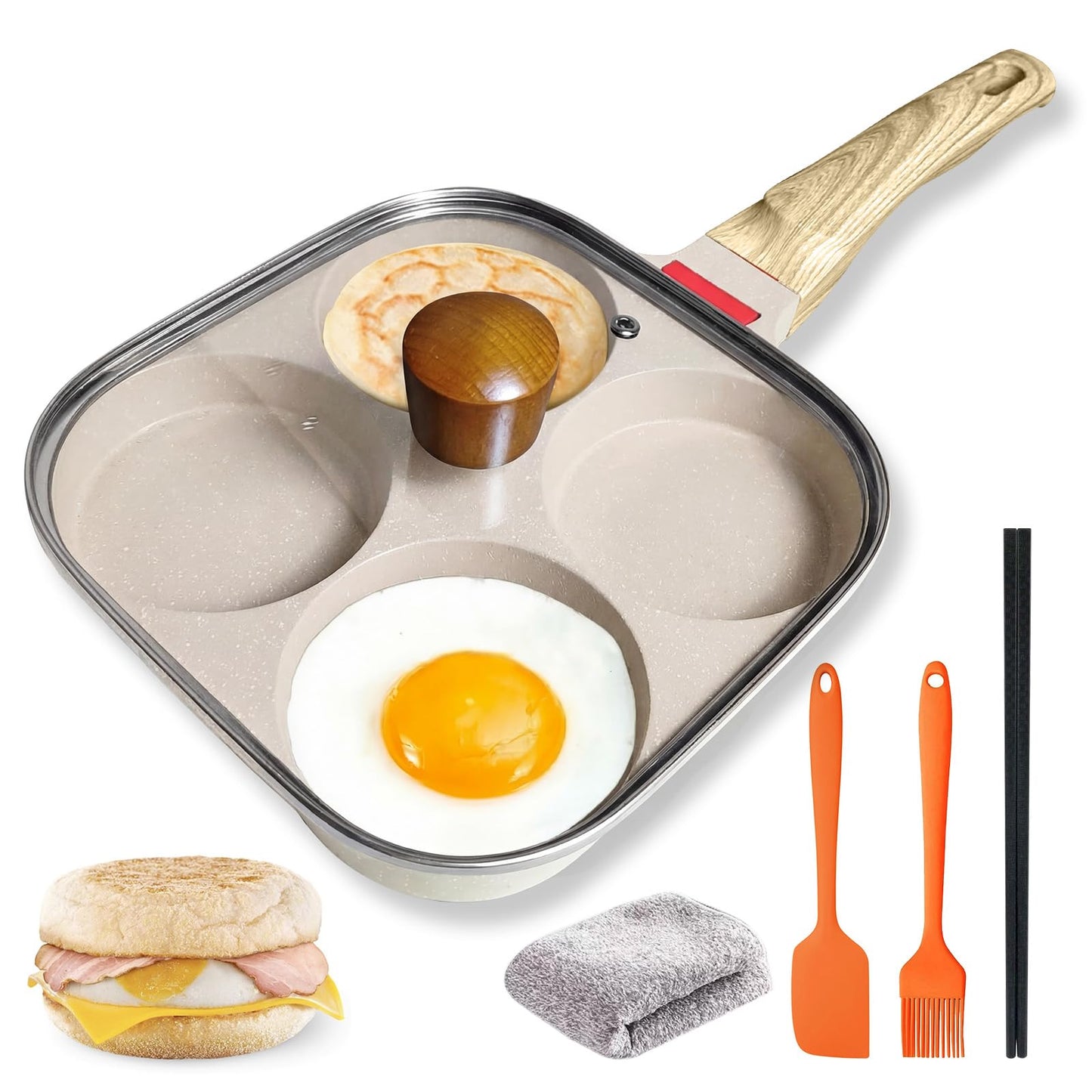 4‑Cup Nonstick Egg Pan Set with Lid – Aluminum Omelette Skillet for Breakfast, Includes Silicone Scraper, Oil Brush, Chopsticks & Cleaning Cloth – Compatible with Gas & Induction Cooktops (White)