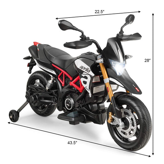 HONEY JOY Kids Motorcycle, 12V Aprilia Licensed Battery Powered Ride on Motorcycle w/Training Wheels, Headlight & Music, Foot Pedal, Spring Suspension, Electric Motorcycle for Boys Girls 2-8 (Black)