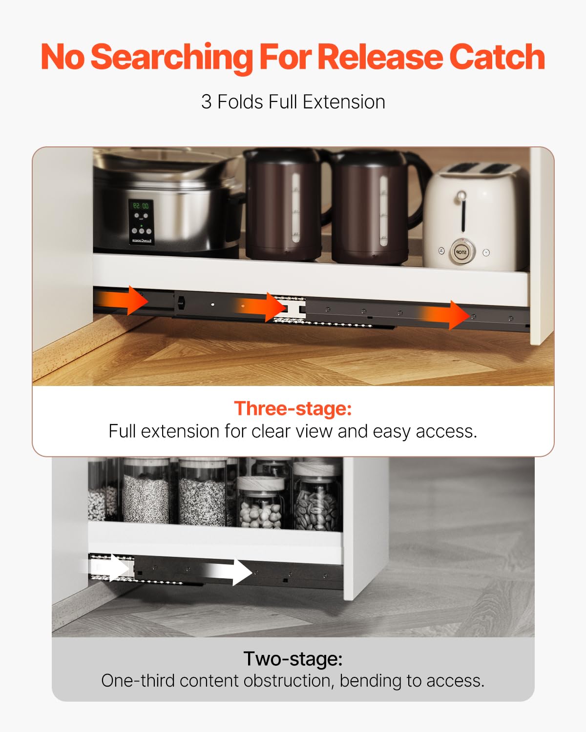 VEVOR Undermount Heavy Duty Drawer Slides, 16 24 32 40 Inch 260 lb Load Capacity Full Extension Ball Bearing Under Stair Cabinet Rails, Bottom Stair Cabinet Glides Track Runners(24inch, Black)