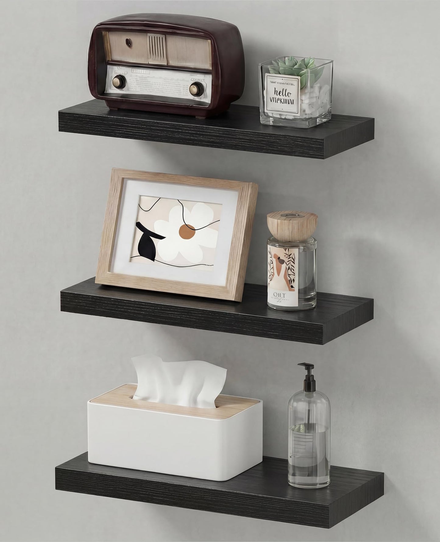 Duvique Easy Install Floating Shelves, Wall Mounted Wood Shelf,Hanging Shelf for Home Decor, Books and Storage, Small Organizer for Bedroom, Bathroom, Kitchen, 15.7 Inch Set of 3, Black