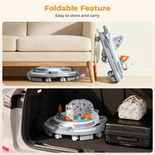 Baby Walker with Wheels - Foldable Baby Walker,4-in-1 Baby Walkers for Boys and Girls 6-12 Months, Infant Walker with Adjustable Height, Baby Activity Walker with Toys, Music, Lights, Anti-Rollover