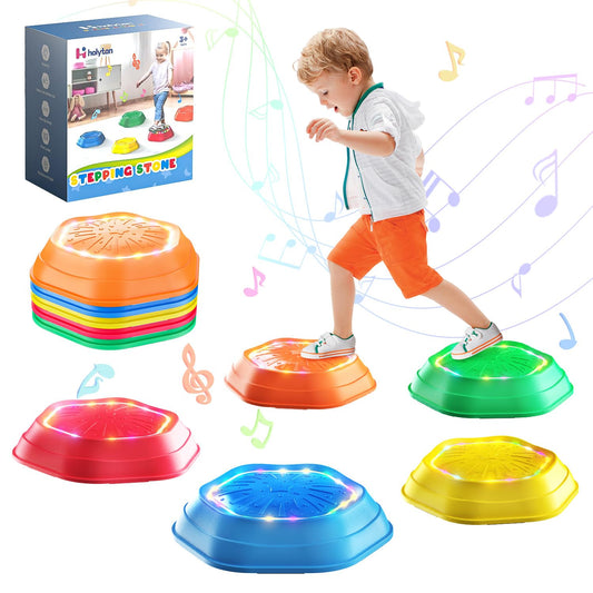 Holyton Light Up Stepping Stones for Kids, 5 Pack Sensory Balance Stepping Stones with Rechargeable Batteries, Non-Slip Toddler Stepping Stones for Ages 3-8, Indoor Outdoor Active Play, Red