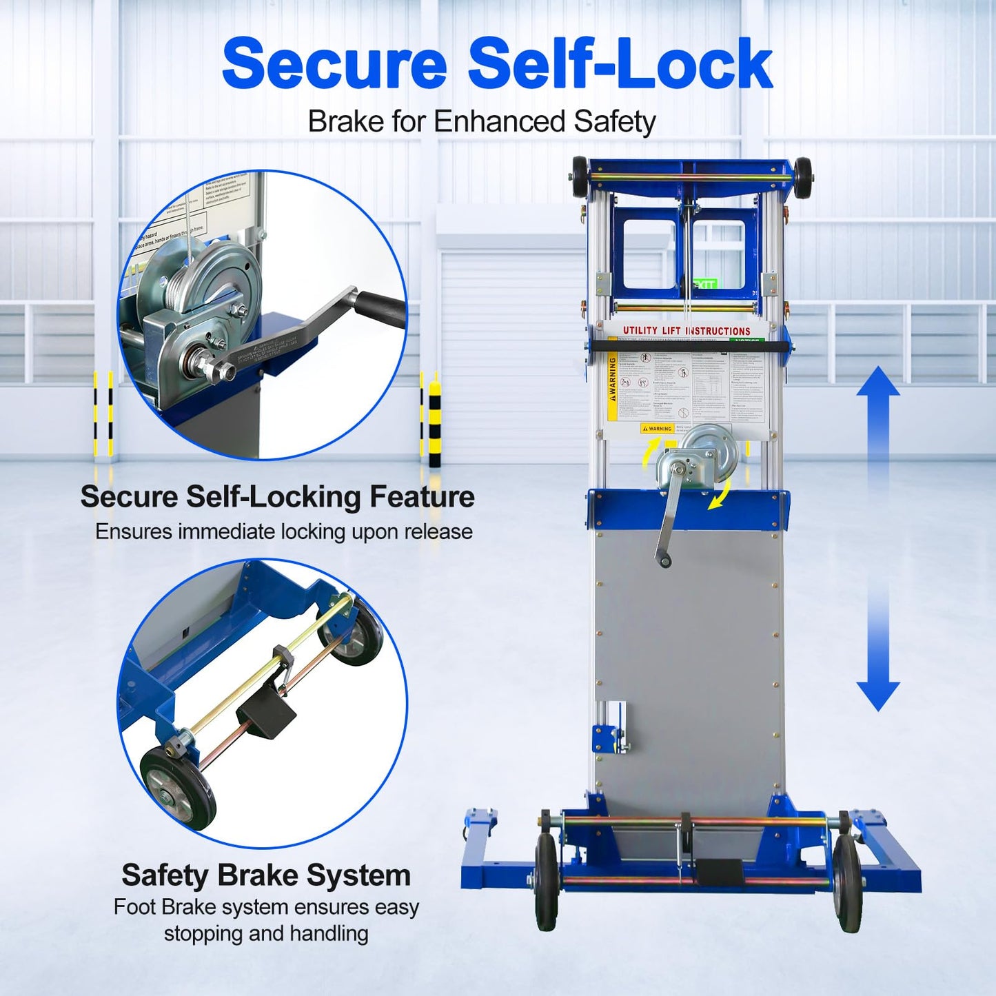 ELOMBR Material Lift Winch Stacker, 400 lbs Capacity, 122" Lift Height, Adjustable Straddle Hand Winch Lift Truck, Material Lifts for Warehouse, Factory, Library, 42.90"L x 43.30"W