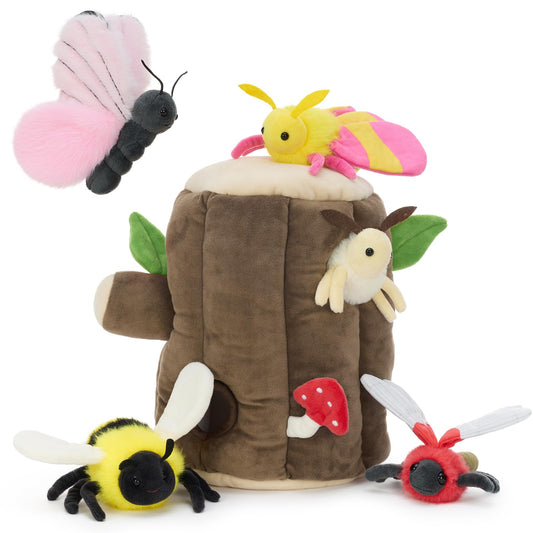 MaoGoLan 6pcs Flying Insect Plush Toys Set with Plush Bee Moth Butterfly Dragonfly, Flying Insect Stuffed Animal Bulk with Treehouse, Gift for Kids Toddlers Boys Girls