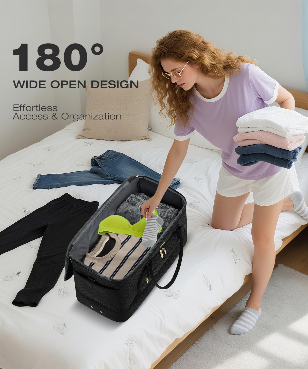 CLOKARS Travel Duffle Bag, Wide Open Large Weekender Bag for Women with Shoe Compartment, Carry on Overnight Bags with Toiletry Bag, Hospital Bag for Women Labor Delivery with Wet Pocket (Black)