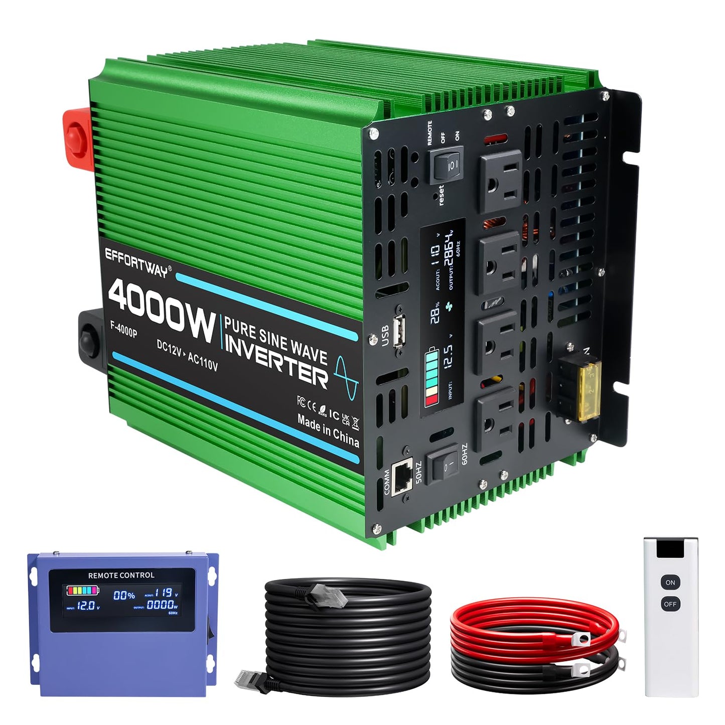 EFFORTWAY 4000W Power Inverter, 12V DC to 110V/120V Pure Sine Wave Inverter with 4 AC Outlets, USB Port, Hardwire Port, Remote Controller, Car Power Inverter for RV, Truck, Boat, Camping, Off-Grid