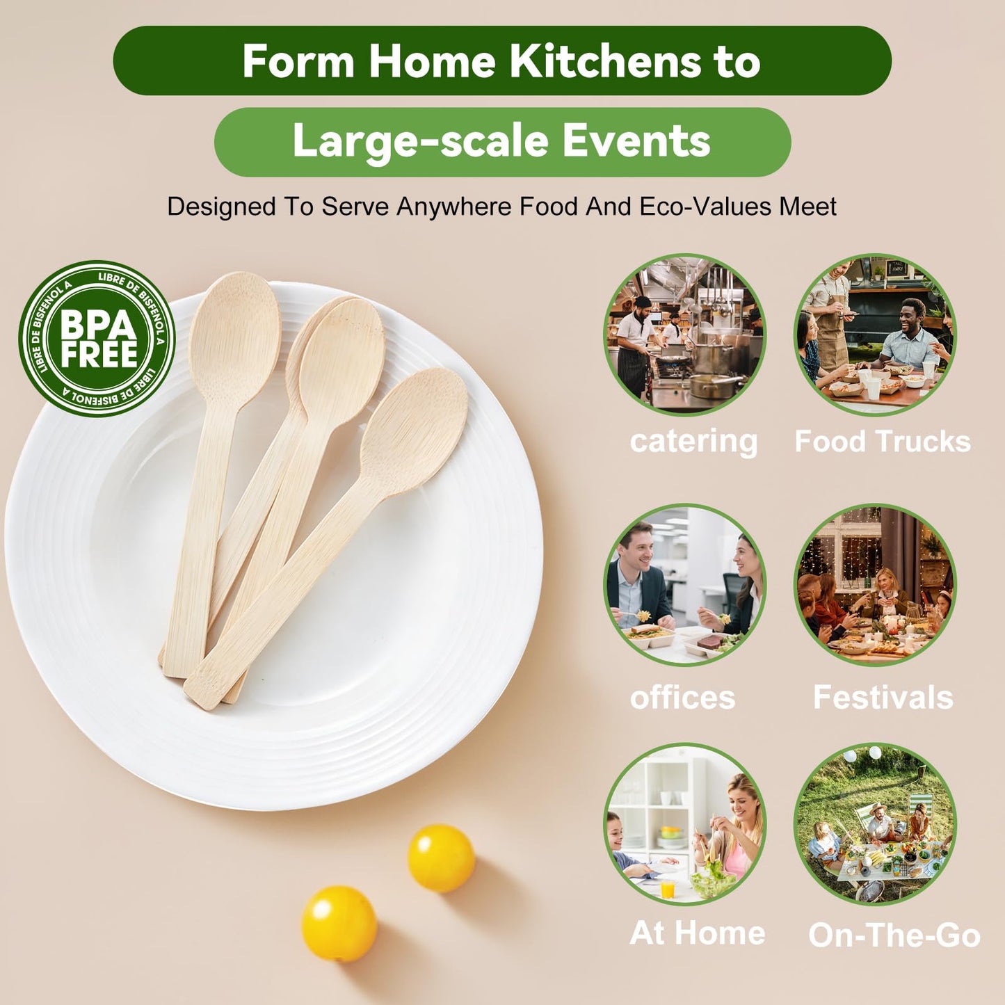 100% Bamboo Disposable Spoons | Compostable Biodegradable Eco-Friendly Utensils for Soup, Dessert & Daily Use for Party & Camping (120 Spoons)