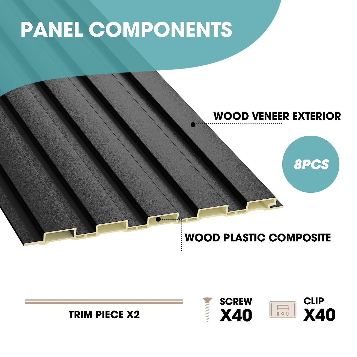OUZUGIE WPC Acoustic Slat Wall Paneling, 8-Pack 114 x 6 Inches 3D Wall Panels for Interior Wall Decor,Living Room,TV Background,Study Room,Office Spaces,Bedroom,Low Grille (Black)